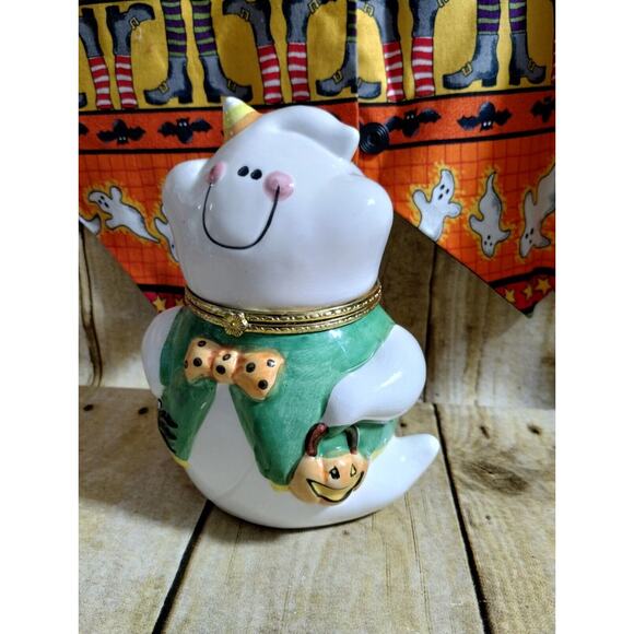 Vtg Ghost Halloween Trinket Jar Candy Ceramic Container Spider Jack O Lantern - Picture 2 of 5